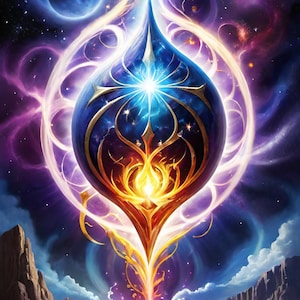 May include: A cosmic scene with a glowing orb at the center, surrounded by swirling clouds of purple, blue, and yellow. The orb is encased in a golden frame with intricate details. The background features a starry sky and distant planets.