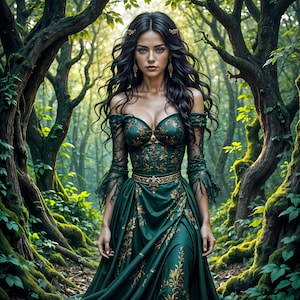 Könnte beinhalten: Eine Frau in einer Waldkulisse, die ein langes, smaragdgrünes Kleid mit goldenen Stickereien und einem goldenen Gürtel trägt. Ihr Haar ist lang und dunkel, und sie blickt direkt in die Kamera.