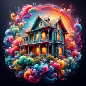 May include: A blue Victorian house with warm interior lighting, set against a backdrop of swirling, colourful clouds. The clouds are a mix of pink, orange, yellow, and blue, creating a fantastical and dreamlike atmosphere around the house.
