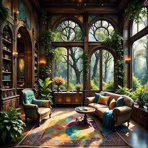 May include: A sunlit living room with large windows overlooking a lush green forest. The room features a brown leather sofa with pillows, a matching armchair, and a wooden coffee table. A colorful rug covers the floor, and a bookshelf with books and decorative items is visible in the background.