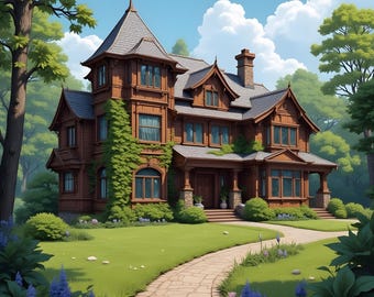 Può includere: Illustrazione dettagliata di una grande casa in legno marrone con tetto grigio, circondata da una vegetazione lussureggiante. Un sentiero in pietra conduce alla porta d'ingresso, con un prato ben curato e fiori blu. La casa ha diverse finestre e una torre.