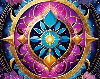 May include: A colorful mandala design with a central blue and gold flower surrounded by a purple and gold ring. The mandala is set against a dark blue background with stars and smaller flowers.
