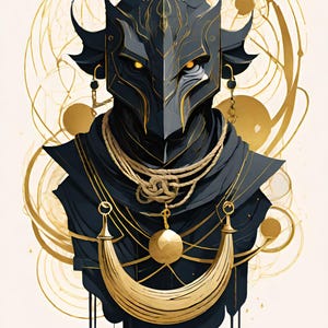 Puede incluir: Una máscara negra y dorada con intrincados detalles, usada por una figura con una túnica oscura y un collar de oro. El fondo presenta líneas y círculos dorados en espiral.