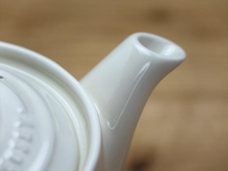 May include: Close-up of a white ceramic teapot, showcasing the spout and lid. The teapot has a glossy finish and a curved spout. The lid has a slightly raised design. The background is a blurred wooden surface.