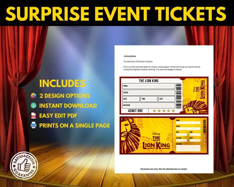 PRINTABLE the Lion King Broadway Surprise Ticket the Lion Etsy UK