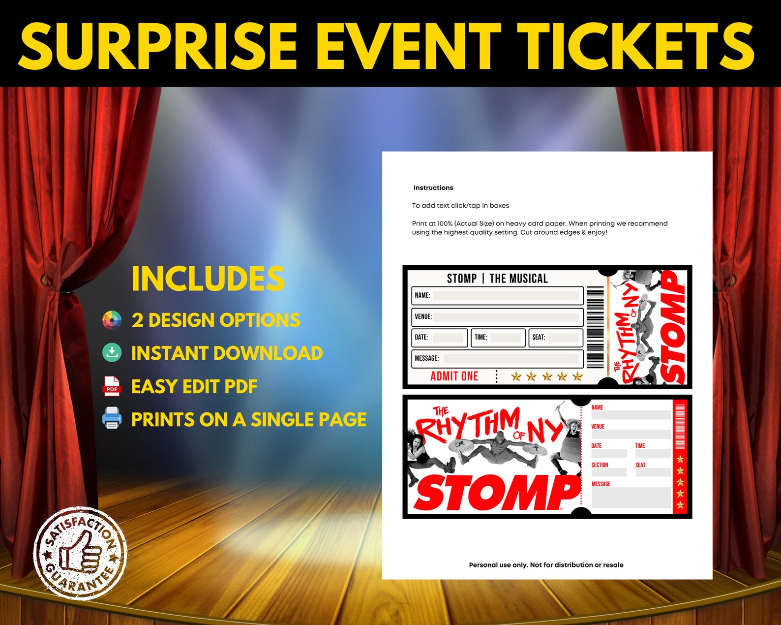 PRINTABLE Stomp Broadway Surprise Ticket Stomp Ticket Stomp Etsy