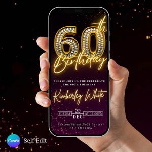 Editable 60th Birthday Video Invitation: Glam Black & Gold (Digital eCard)
