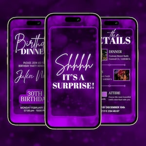 Purple Surprise Birthday Dinner Invitation: Editable Canva Template (Digital Download)