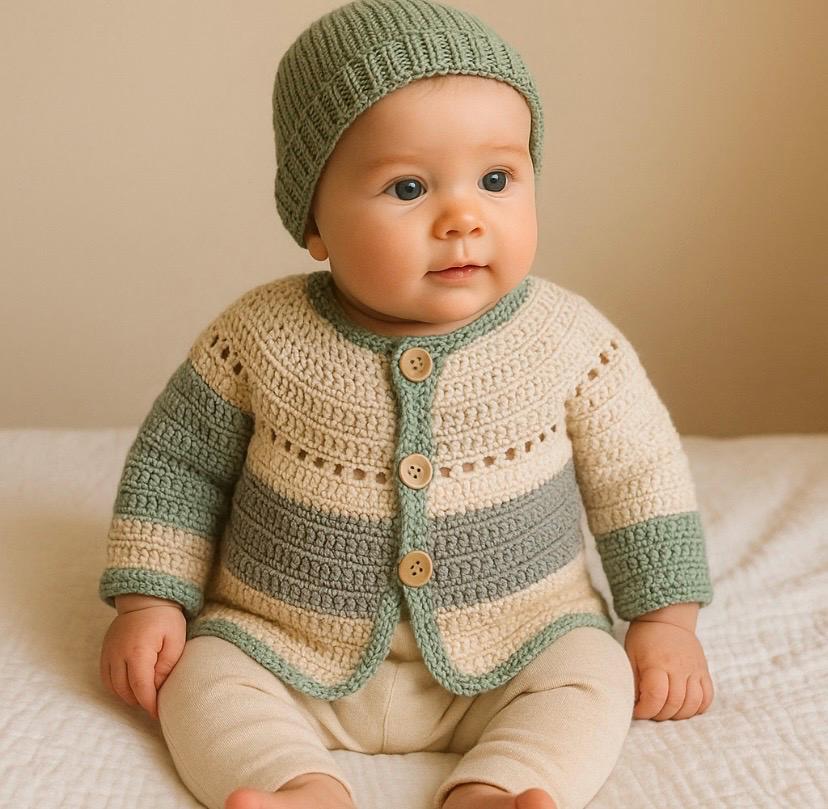 Handmade Crochet Baby Cardigan - Neutral Sage Tones, 3-6 Months