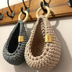 Handmade Crochet Hanging Basket With Wooden Loop