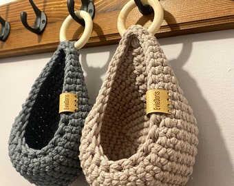 Handmade Crochet Hanging Basket With Wooden Loop