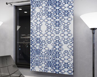 Blue Ikat Geometric Pattern Window Curtain | Boho Chic Curtain Panel