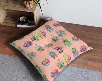 Colorful Abstract Cat Pattern Tufted Pillow | Watercolor Doodle Cats