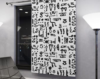 Abstract Hieroglyph Pattern Curtains | Window Curtain Panel, Black White Symbol Print