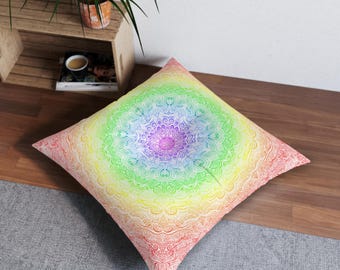 Rainbow Mandala Tufted Floor Pillow | Square
