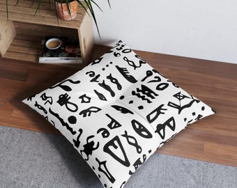Abstract Black Glyphs Tufted Floor Pillow
