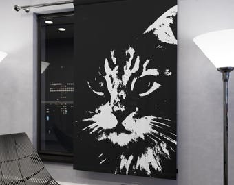 Black Cat Portrait Window Curtain | Cat Face Panel, Monochrome Home Decor