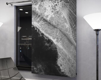 Abstract Monochrome Coastal Print Window Curtain | Black White Ocean Texture