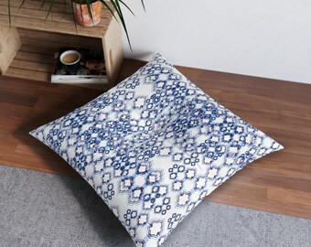 Blue Moroccan Tile Pattern Tufted Floor Pillow