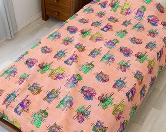 Plush Blanket, Funny Geometric Cats Black Outlines Colorful Paint Splashes Peach Background, Cat Lover Gift, Cozy Throw, Home Decor, Warm