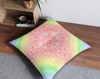 Rainbow Mandala Tufted Floor Pillow | Square Decorative Pillow