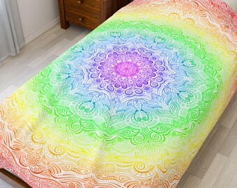 Plush Blanket - Vibrant Rainbow Gradient Mandala Design