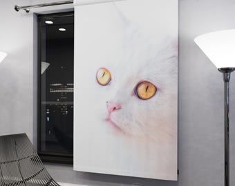 White Cat Face Window Curtain | Yellow Eyes, Photo Print