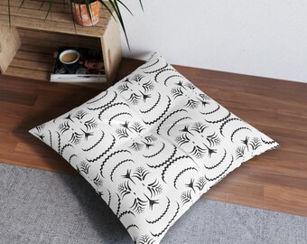 Black Folk Cutout Floral Geometric Pattern Tufted Floor Pillow