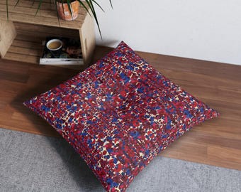 Red Blue Tweed Pattern Tufted Floor Pillow