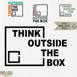 Puede incluir: Un diseño gráfico con la frase "THINK OUTSIDE THE BOX" en letras negras y en negrita. El diseño incluye un cuadrado con un cuadrado más pequeño en su interior, y las palabras "THINK" y "OUTSIDE THE BOX" están dispuestas alrededor. También se muestran variaciones adicionales.