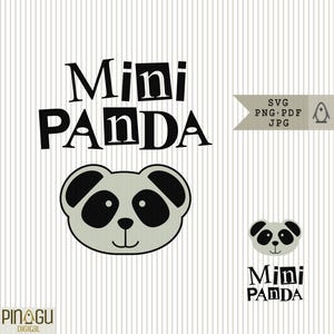 Könnte beinhalten: Ein digitales Design mit einem Pandabärgesicht und den Worten "Mini Panda" in Schwarz. Das Design umfasst ein großes Pandagesicht, ein kleineres Pandagesicht und den Text "SVG PNG PDF JPG".