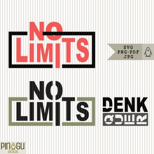 Puede incluir: Diseño digital con las palabras "NO LIMITS" en rojo y negro, y "DENK" en negro y gris. El diseño incluye los formatos de archivo SVG, PNG, PDF y JPG.