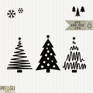 Puede incluir: Gráfico digital en blanco y negro con temática navideña con tres árboles de Navidad estilizados, copos de nieve y un pequeño grupo de árboles. Incluye texto: SVG, PNG, PDF, JPG. El gráfico también incluye un icono de pingüino.