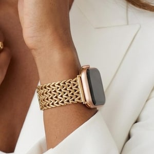 Gold Apple Watch Jewelry Band 38mm 40mm 41mm 42mm 44mm 45mm 49mm, iWatch Band for Series 9 8 7 6, Apple Watch Bracelet, Mom Gift idea image 1