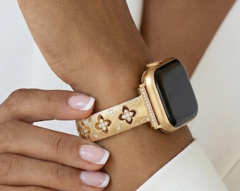 Gold Floral Apple Watch Band 38mm 40mm 41mm 42mm 44mm 45mm 49mm, Mesh iWatch Band for Series 12 11 10 9 8 7, Elegant Bracelet, Gift for Her
