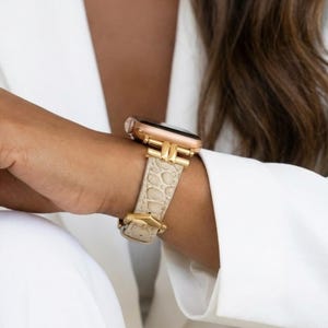 Gold Band for Apple Watch 38mm 40mm 41mm 42mm 44mm 45mm 49mm, Leather Band for iWatch Series 9 8 7 6, Apple Watch Jewelry, Gift for her