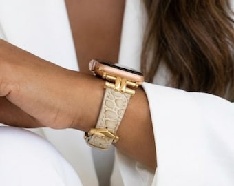 Gold Band for Apple Watch 38mm 40mm 41mm 42mm 44mm 45mm 49mm, Leather Band for iWatch Series 12 11 10 9 8, Apple Watch Jewelry, Gift for her