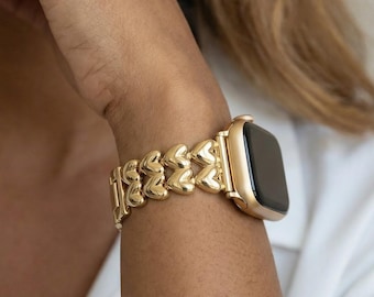 Gold Heart Link Apple Watch Band 38mm 40mm 41mm 42mm 44mm 45mm 49mm, iWatch Band for Series 12 11 10 9 8,Love Bracelet, Perfect Gift for Her