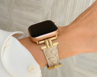 Gold Band for Apple Watch 38mm 40mm 41mm 42mm 44mm 45mm 49mm, Leather Band for iWatch Series 9 8 7 6, Apple Watch Jewelry, Gift for her