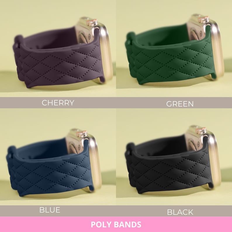 Puede incluir: Cuatro correas de reloj de diferentes colores con un dise&ntilde;o acolchado. Las correas son de cereza, verde, azul y negro.