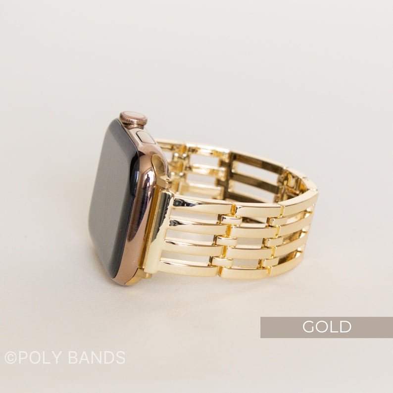 May include: A gold-colored Apple Watch with a matching gold band. The band has a woven design. The word "GOLD" is in a rectangular box in the lower right corner. The text "@POLY BANDS" is in the lower left corner.