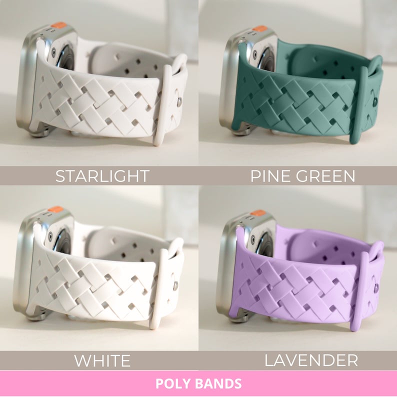 May include: Four Apple Watch bands in different colours: starlight, pine green, white, and lavender. The bands have a woven design and are made of silicone.