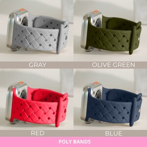 May include: Four Apple Watch bands in different colours: grey, olive green, red, and blue. The bands are made of a woven silicone material and have a sporty look.