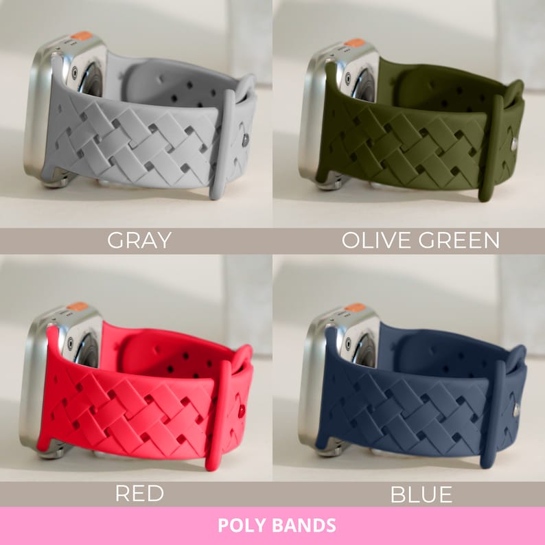 May include: Four Apple Watch bands in different colours: grey, olive green, red, and blue. The bands are made of a woven silicone material and have a sporty look.
