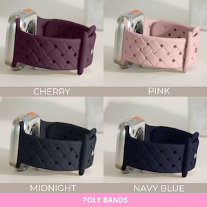 May include: Four different coloured woven watch bands for a smartwatch. The bands are in cherry, pink, midnight, and navy blue.