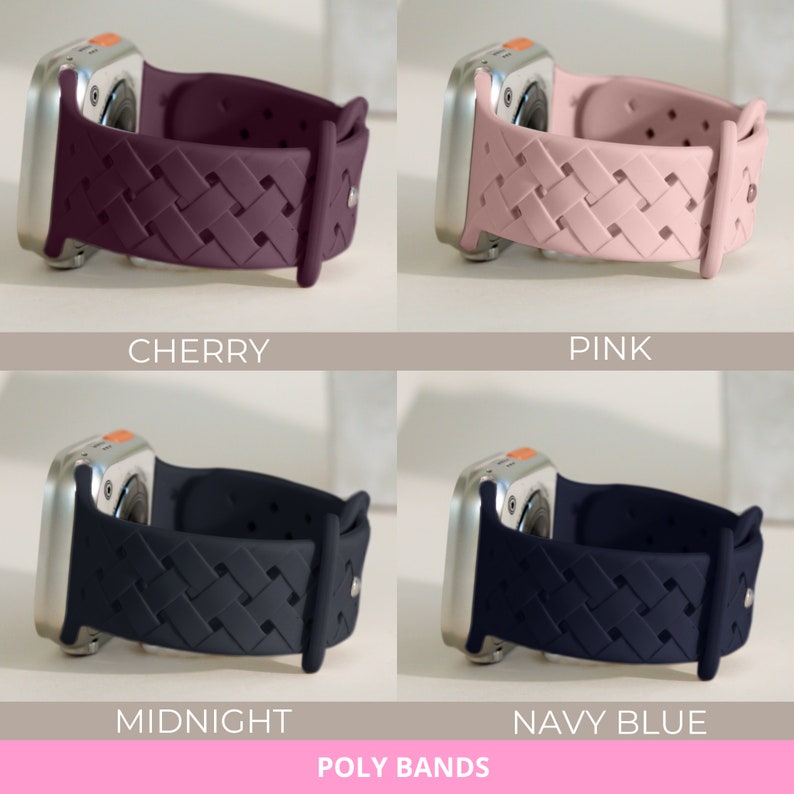 May include: Four different coloured woven watch bands for a smartwatch. The bands are in cherry, pink, midnight, and navy blue.