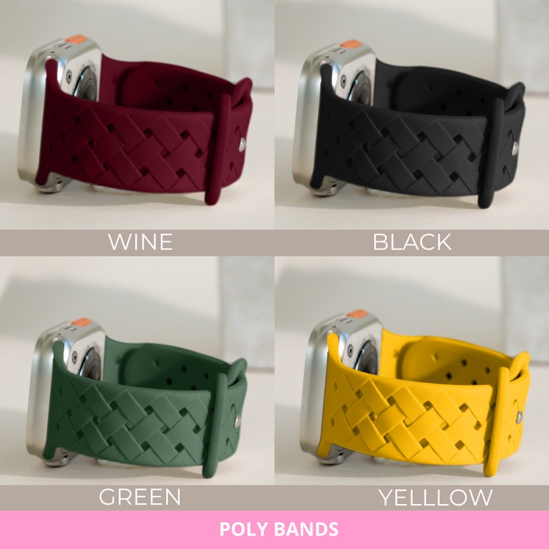 May include: Four different coloured woven watch bands for a smartwatch. The bands are in the colours wine, black, green, and yellow. The text "POLY BANDS" is at the bottom of the image.