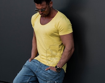 Men's Yellow Scoop Neck T-Shirt: Slim Fit Stretch Cotton