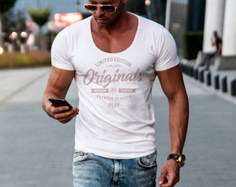 Mens Short Sleeve T-shirt "Originals" RB Design Scoop Neck Longline Style / Stretch Cotton Tees Slim Fit / Gift for Him MD961