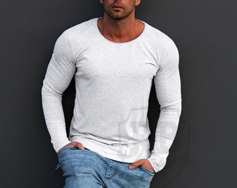 Plain Mens Long Sleeve T-shirt High Quality Longline Stretch Cotton Muscle Fit Shirts Beige, White Army Green Black Champagne